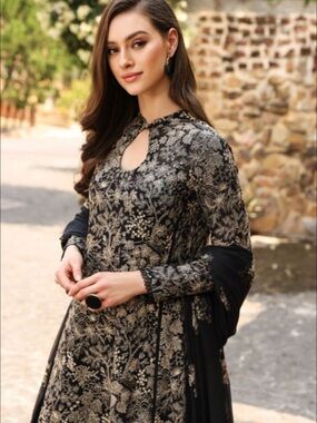 Elegant Black and Gold Embroidered bareeze dress